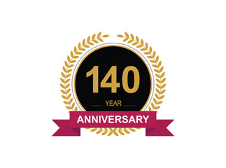 140th Anniversary Celebration. Anniversary logo design with golden color laurel wreath for birthday celebration event, invitation, greeting card, banner, poster, flyer, flyer.