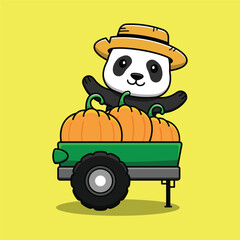 Cute panda cartoon character with pumpkins on the truck. Vector illustration.