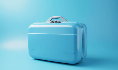 Blue travel suitcase, on blue background. Trip concept. Generative AI