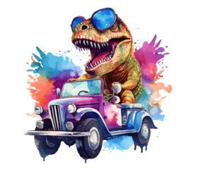 Zelfklevend Fotobehang T-Rex Riding on Truck , Cartoon dinosaur characters driving , Generate Ai © sanong