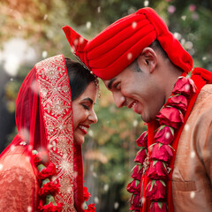 Wedding, marriage and hindu couple together in celebration of love or commitment at a ceremony. Happy, romance or islamic with a birde and groom getting married outdoor in tradition of their culture - obrazy, fototapety, plakaty