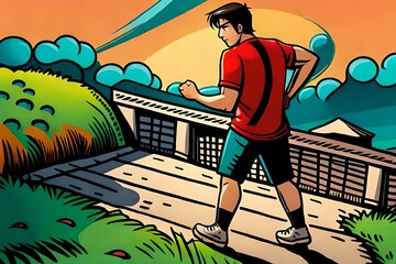 a man is jogging on a hill nature.Comic style Generative AI.