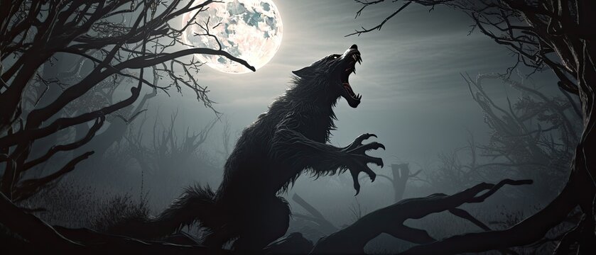 werewolf howling at the moon in a forest with twisted trees Generative AI