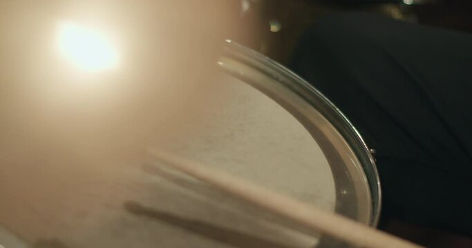 Close up snare drum and sticks, drummer 4K