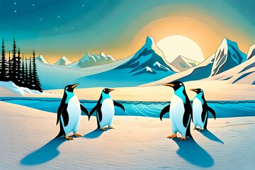 four penguins playing in the middle of hill the Antarctic ice.Comic style Generative AI.