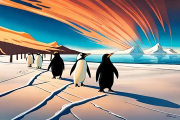 Foto op Plexiglas many penguins are looking at the orange sky Antarctica.Comic style Generative AI. © Tosca Digital