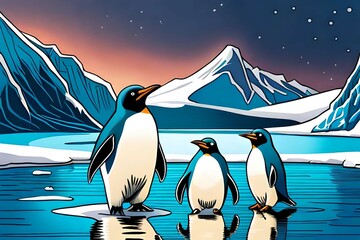 three penguins are playing in the ocean antarctica.Comic style Generative AI.