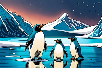 Fotobehang three penguins are playing in the ocean antarctica.Comic style Generative AI. © Tosca Digital