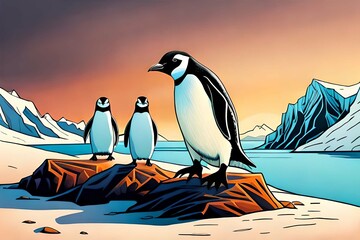 Three penguins are gathering on the World of Antarctic ice.Comic style Generative AI.