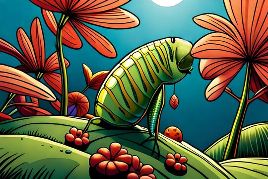 green cocoons nestled in the leaves and near the red flowers.Comic style Generative AI.