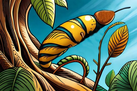 yellow caterpillar cocoons attached to trees leaf.Comic style Generative AI.
