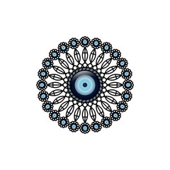 Evil eye amulet with ichthys fish ornament and cross or brooch on white background.