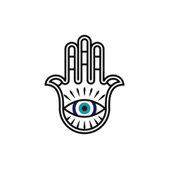 Vector Hamsa Hand and evil eye amulet on white background.