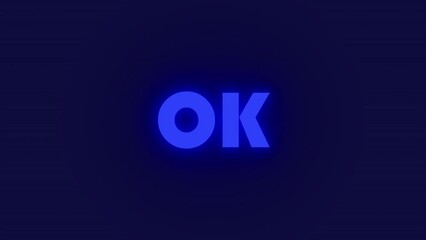OK banner, word and neon sign isolated on blue background, animation and creativity with rainbow color. Text, font and abstract graphic art with mockup space, glow and design in a studio