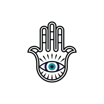 Vector Hamsa Hand and evil eye amulet on white background.