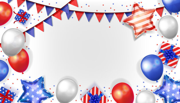 Red and blue balloons and flags background for american independence day, new year, party, sale, card, poster