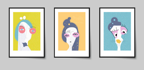 Set of abstract vector, drawing and painting human faces. Illustration minimal doodle portrait. Colorful geometric shapes. Modern contemporary art, graphic design for artwork, poster, cover background