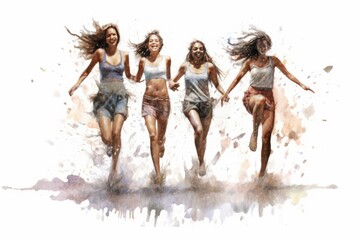 Watercolor painting of a Group of adult girls, happy and excited, style of website design, blank white background, cute, mixed nationality, dating site, beautiful asset design, dribble, Generative AI