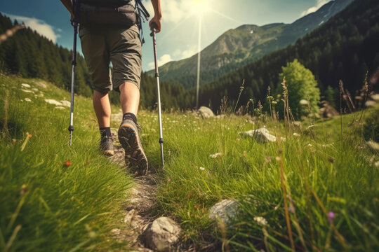 Back view of a man hiking in a summer mountains with trekking poles, Generative AI