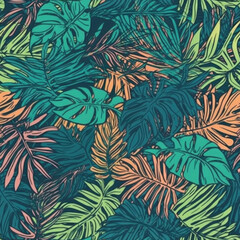 Fototapeta na wymiar Seamless floral and leaf Pattern Colorful Jungle Wallpaper Generative AI