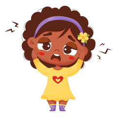 Suffering sick black girl. Ethnic girl holding hands behind her head. Headache, migraine. Vector illustration. Sad female kid character in cartoon style