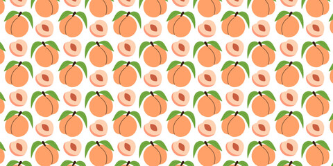 Colored Peach seamless pattern. Summer tropical fresh fruit repeating print. Organic background, texture for textile, fabric, wrapping. Flat graphic vector illustration