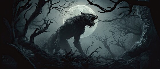 werewolf howling at the moon in a forest with twisted trees Generative AI - obrazy, fototapety, plakaty