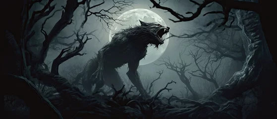 Fotobehang werewolf howling at the moon in a forest with twisted trees Generative AI © PinkiePie