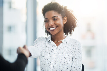 Business, smile and black woman shaking hands with client for deal, agreement or partnership. Handshake, collaboration and African female professional with opportunity, hiring and welcome to company.