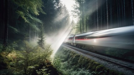 Speed passenger train moving in the mist mountains covered with forest. Generative AI