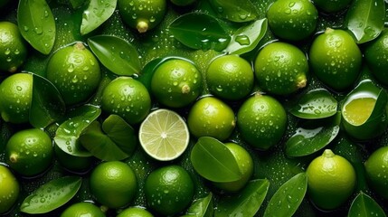 Fresh juicy limes close up. Citrus fruits with water drops on fruity background. Banner, wallpaper. AI image.