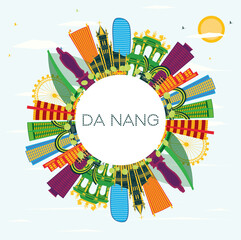Da Nang Vietnam City Skyline with Color Buildings, Blue Sky and Copy Space. Da Nang Cityscape with Landmarks.