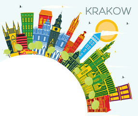Krakow Poland City Skyline with Color Buildings, Blue Sky and Copy Space. Krakow Cityscape with Landmarks.