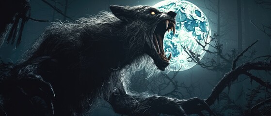 werewolf howling at the moon in a forest with twisted trees Generative AI