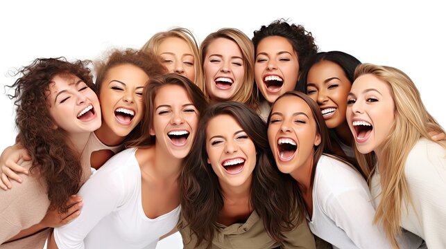 Photograph of a Group of adult girls, happy and excited, style of website design, blank white background, cute, mixed nationality, beautiful asset design, Generative AI technology