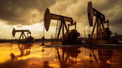 Crude oil pump jack at oilfield on sunset. Generative AI