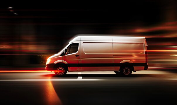 Speedy delivery van with glowing lights heading to destination. Creating using generative AI tools