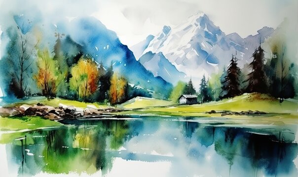 Watercolor painting of alps and lake scenery Creating using generative AI tools