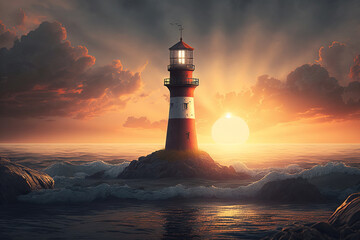 Fototapeta premium Lighthouse in the sea at sunset. Generative AI illustration.