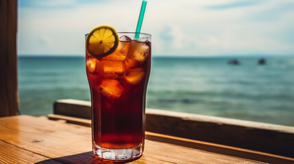 Long Island Iced Tea cocktail on background with blue sea and sky tropical background. Generative AI