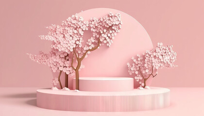 Generative AI render of minimal product display podium, pedestal or platform with cherry blossom tree.