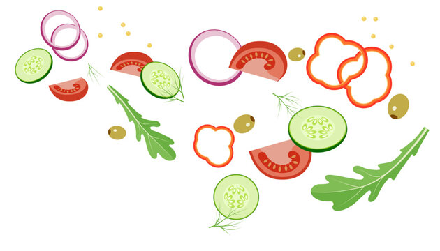 Background. Salad of tomatoes, cucumbers, arugula, red onion, green olives, dill and mustard seeds. Healthy eating. Organic food. Flat design.
