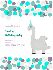 Fantasy dragon or dino, beautiful background. Birthday invitation. Vector illustration.