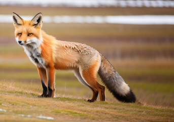 Obraz premium Red fox searching dinner in winter at Hayden Valley of Yellowstone. Generated AI