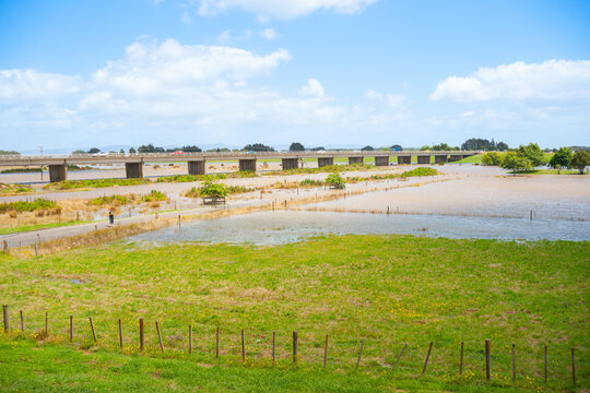 Flooded rural farmland after storm