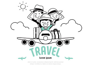 ベクターイラスト素材：飛行機で旅行する家族セット
