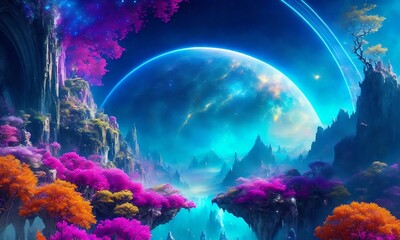 Obraz na płótnie Canvas Digital illustration Fantasy landscape with fantasy planet 