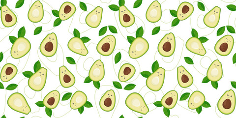 Cute avocado with leaves and funny faces on a white background with outline avocado. Endless texture with kawaii fruit characters. Half an avocado with and without pit. Vector seamless pattern, print