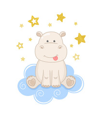 Cute hippo on a cloud isolated on a white background with yellow small stars. Little smiling hippopotamus, tiny sitting behemoth. Vector illustration for poster, greeting card, banner, cover and print