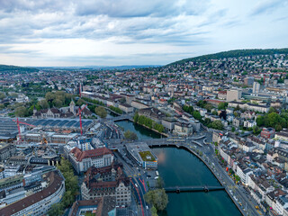Aerial view over Swiss City of Z&uuml;rich direction north on a beautiful spring evening with colorful dramatic sky. Photo taken May 6th, 2023, Zurich, Switzerland.